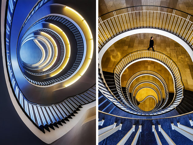 Zwei Fotos zeigen den Blick nach oben und nach unten in einem spiralförmigen Stiegenhaus