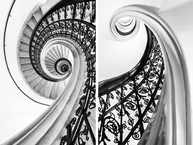 Zwei Fotos zeigen den Blick nach oben und nach unten in einem spiralförmigen Stiegenhaus