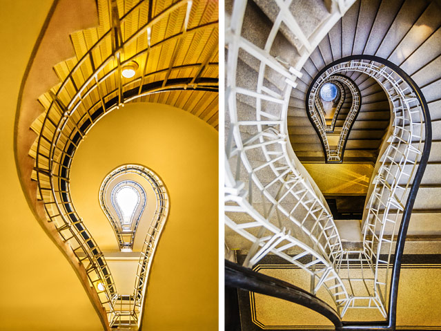 Zwei Fotos zeigen den Blick nach oben und nach unten in einem spiralförmigen Stiegenhaus