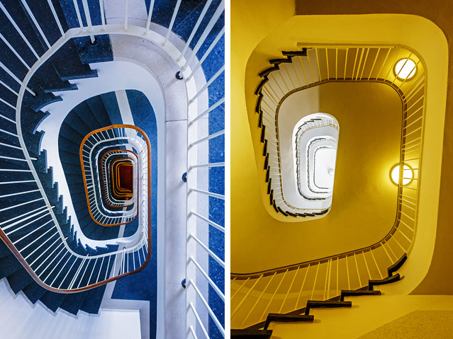 Zwei Fotos zeigen den Blick nach oben und nach unten in einem spiralförmigen Stiegenhaus