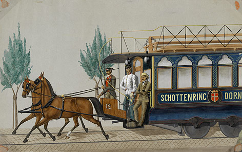 Aquarell zeigt Pferdetramway Schottenring–Dornbach,1868