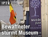 Belgische Fahne am Eingang des J&uuml;dischen Museums in Br&uuml;ssel