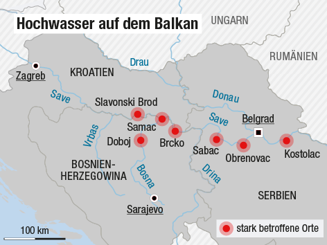 © APA/ORF.at Eine Karte zeigt die Überschwemmungsgebiete in Kroatien, Bosnien-Herzegowina und Serbien