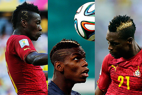 © APA/AP/Matthias Schrader, Reuters/Marcos Brindicci (Montage) Fußballer Paul Pogba, John Boye und Asamoah Gyan