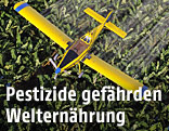 Flugzeug versprüht Pestizide über Feld