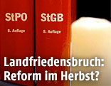 Ein StPO-Buch (Strafprozeß-Ordnung) und StGB (Strafgesetzbuch) auf einem Richtertisch