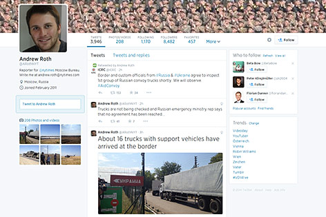 © Twitter/Andrew Roth/New York Times Screenshot vom Twitter-Acount von Andrew Roth zeigt Foto von Lkw's die an der Grenze stehen