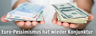 Frau hält jeweils Euro und Dollarscheine in der Hand