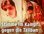 Menschen zünden Kerzen vor einem Bild von Malala Yousafzai an