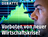 Broker and der New Yorker B&ouml;rse mit Kurskurve im Hintergrund
