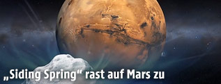 K&uuml;nstlerische Darstellung zeigt den Kometen Siding Spring (C/2013 A1) &uuml;ber dem Mars