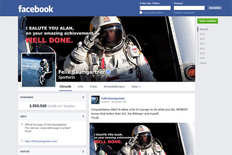 © facebook.com/FelixBaumgartner Screenshot der Facebook-Seite von Felix Baumgartner