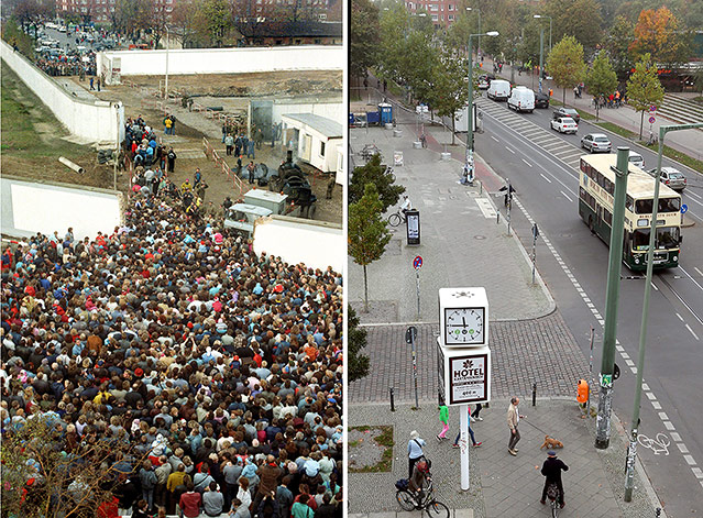 © APA/EPA/Wolfgang Kumm Zwei Fotos zeigen die Bernauer Straße 1989 und 2014