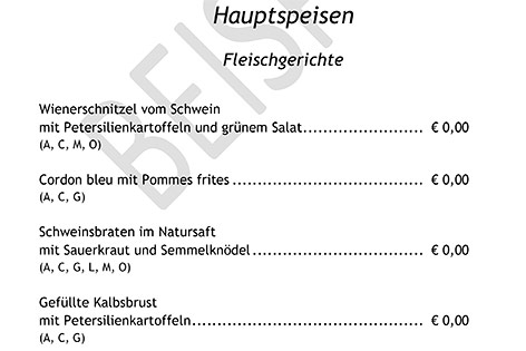 © Wirtschaftskammer Österreich/Fachverband Gastronomie Muster einer Speisekarte