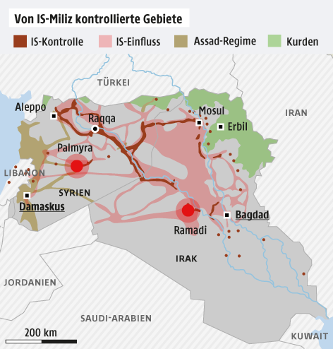 © APA/ORF.at Karte zur IS-Kontrolle in Syrien und im Irak
