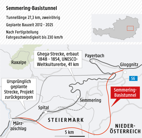 Karte zeigt den geplanten Semmering-Basistunnel