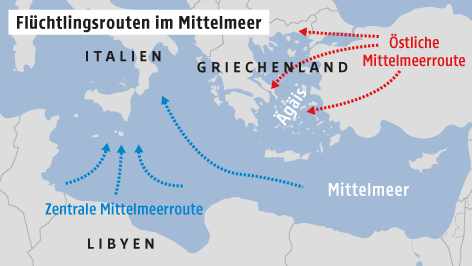 © Grafik: APA/ORF.at; Quelle: APA Flüchtlingsrouten im Mittelmeer