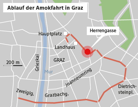 © APA/ORF.at Karte zur Amokfahrt in Graz