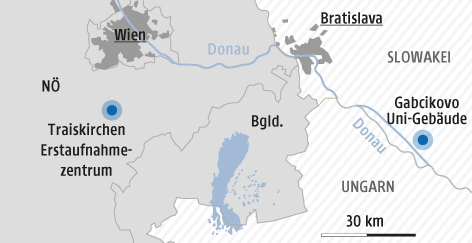 © APA/ORF.at Eine Karte zeigt das Erstaufnahmezentrum Traiskirchen und die slowakische Ortschaft Gabcikovo