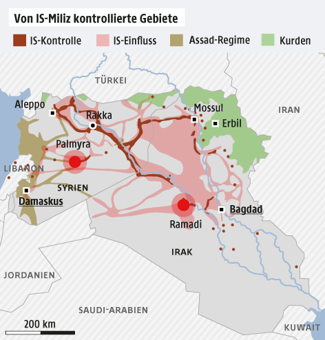 © APA/ORF.at Karte zur IS-Kontrolle in Syrien und im Irak