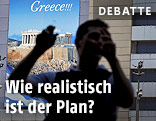 Umrisse eines Mannes vor einem Griechenland-Werbeplakat