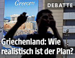 Umrisse eines Mannes vor einem Griechenland-Werbeplakat