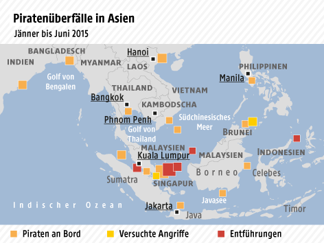© Grafik: Map Resources/ORF.at; Quelle: IMB Piracy Report Eine Grafik zeigt Orte von Piratenüberfällen in Asien