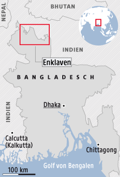 © APA/ORF.at Lage der Enklaven im indisch-bangladeschischen Grenzgebiet