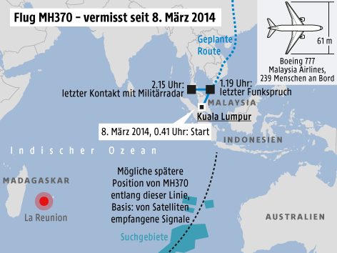 © Grafik: Map Resources/APA/ORF.at; Quelle: APA Karte zu MH370