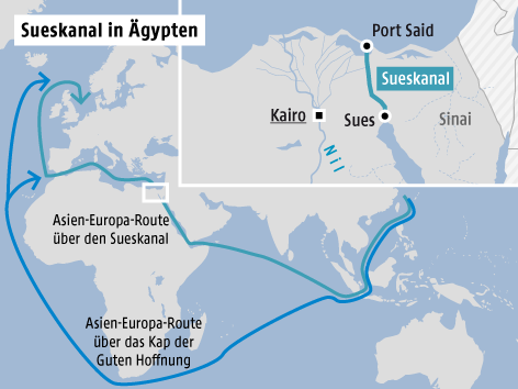 © Grafik: APA/ORF.at Karte zeigt den Sueskanal und Asien-Europa-Schiffsrouten
