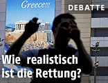 Umrisse eines Mannes vor einem Griechenland-Werbeplakat