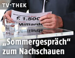 Team-Stronach-Gr&uuml;nder Frank Stronach im h&auml;lt ein Taferl im ORF-Sommergespr&auml;ch