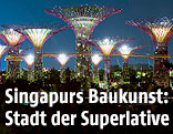 Beleuchtete Riesenbaumskulpuren in den Gardens by the Bay in Singapur