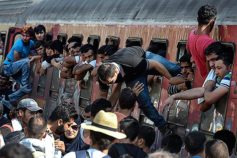 © APA/EPA/Georgi Licovski Flüchtlinge drängen auf einen überfüllten Zug in Mazedonien