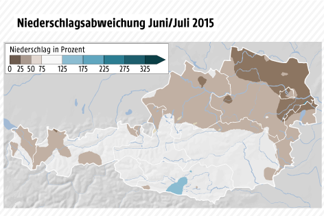 © Grafik: ZAMG/ORF.at; Quelle: ZAMG Grafik zeigt die Niederschlagsabweichung für Juni/Juli 2015
