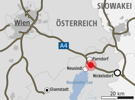 © APA; ORF.at Karte zeigt den Ort der Flüchtlingskatastrophe