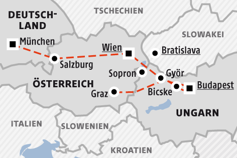 © APA/ORF.at Karte zeigt die Zugstrecken Budapest - Wien - München und Budapest - Györ - Graz