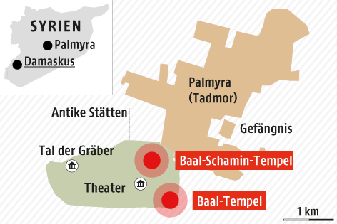 © Grafik: APA/ORF.at; Quelle: APA/BBC NY Times Eine Grafik der Lage der zerstörten Tempel in Palmyra