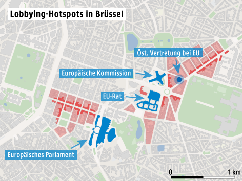 © Grafik: Omniscale/OSM/ORF.at Lobbying-Hotspots in Brüssel