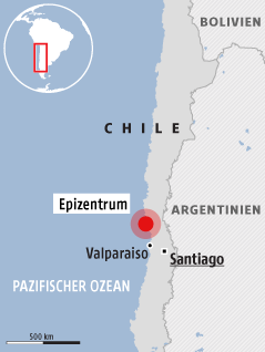 Eine Karte zeigt das Epizentrum des Chile-Bebens