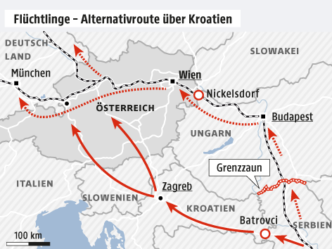 © Grafik: APA/ORF.at; Quelle: APA Karte zur alternativen Flüchtlingsroute