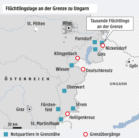 © Grafik: APA/ORF.at; Quelle: APA Karte zu Flüchtlingsnotquartieren