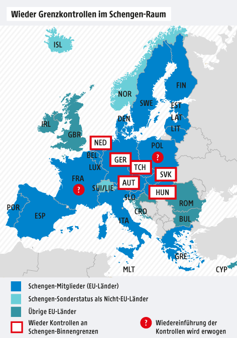 © Grafik: APA/ORF.at; Quelle: APA Karte zu Grenzkontrollen in Europa