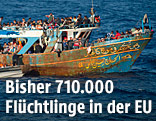 Fl&uuml;chtlinge auf Holzboot im Mittelmeer