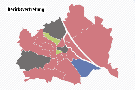 © Grafik: ORF.at; Quelle: Stadt Wien Grafik zeigt die Verteilung der Parteimehrheit in den Wiener Bezirken
