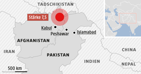 Eine Grafik zeigt das Epizentrum des Bebens in Afghanistan und Pakistan