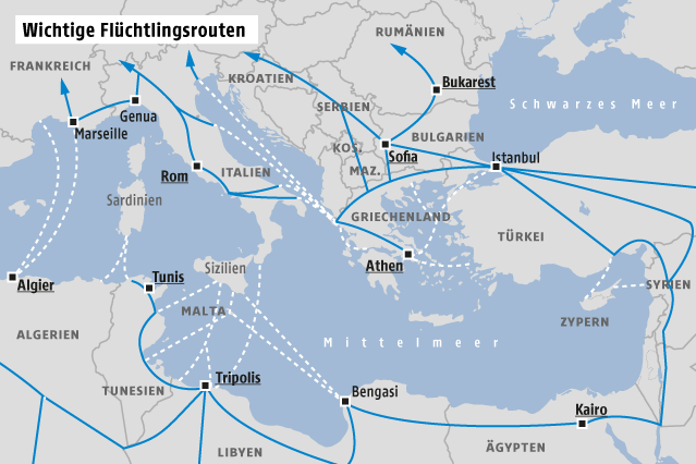 © Grafik: Map Resources; Quelle: iMap; UNHCR Karte zu wichtigen Flüchtlingsrouten über und rund um das Mittelmeer