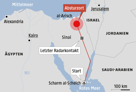 Eine Grafik zeigt die Flugroute des russischen Flugzeugs bis zum Absturz