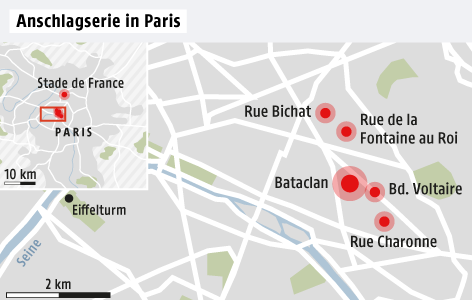 © Grafik: APA/ORF.at; Quelle: APA Karte zur Anschlagserie in Paris