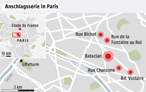 © Grafik: APA/ORF.at; Quelle: APA Karte zur Anschlagserie in Paris